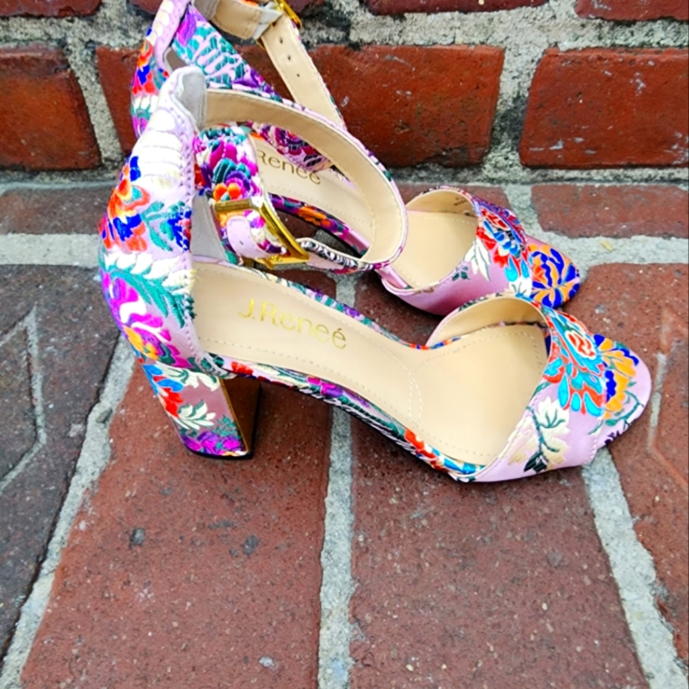 J.Renee embroidered heels, size 6, pink, blue, red, green, gold, and orange.